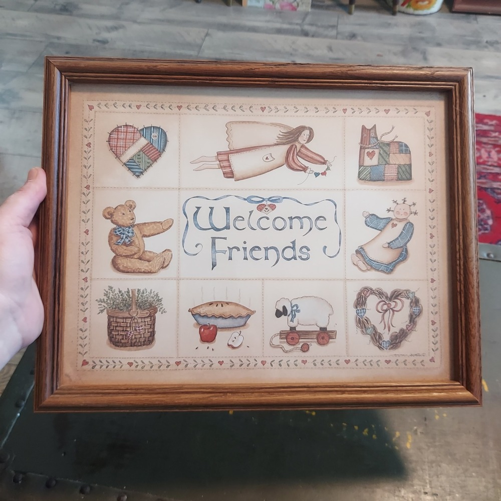 Anna Scott Welcome Friends Framed Folk Art Print Country Americana 11.25x14.25